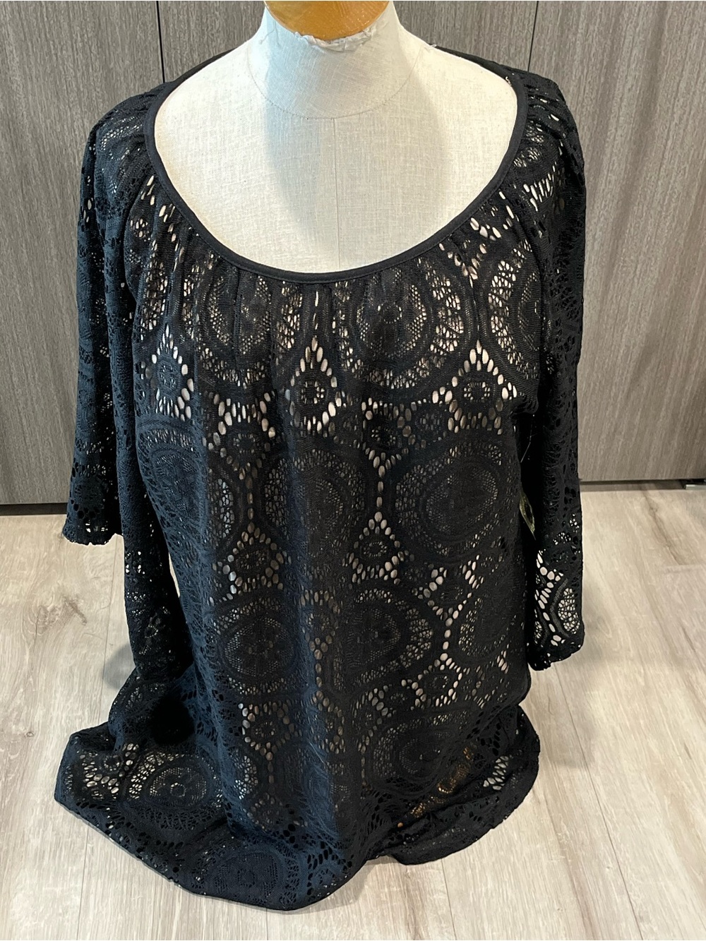 Tacera Black Crochet Asymmetrical Lace Tunic Dress